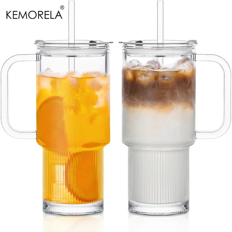 750ML Glass Tumbler with Handle & Lid 1/2PCS Large Iced Coffee Cups with Straws Modern Glass Mug for Cold & Hot Beverages Juice