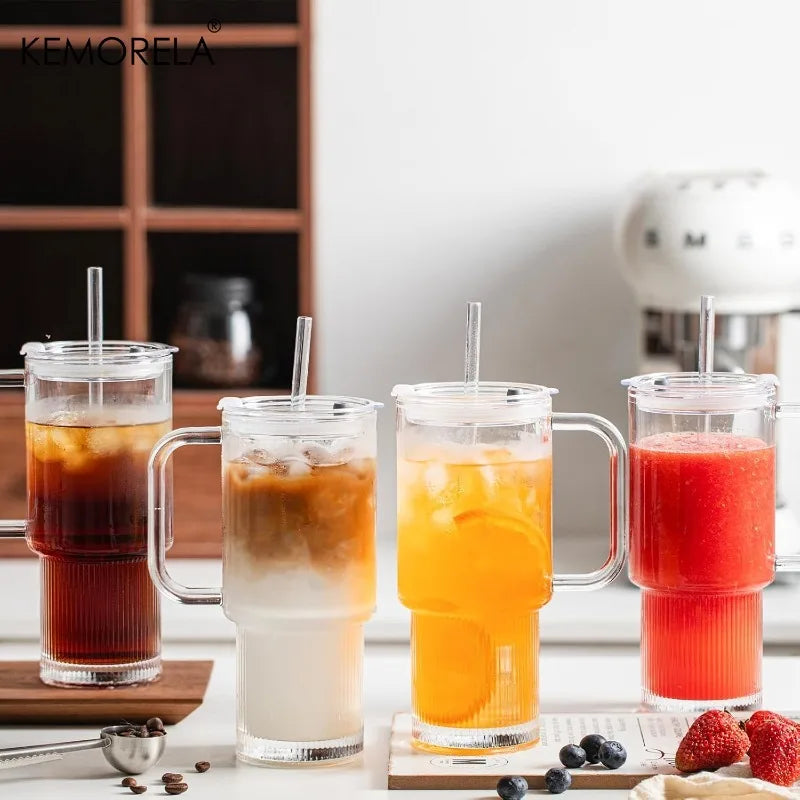 750ML Glass Tumbler with Handle & Lid 1/2PCS Large Iced Coffee Cups with Straws Modern Glass Mug for Cold & Hot Beverages Juice