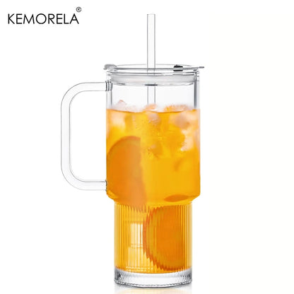 750ML Glass Tumbler with Handle & Lid 1/2PCS Large Iced Coffee Cups with Straws Modern Glass Mug for Cold & Hot Beverages Juice