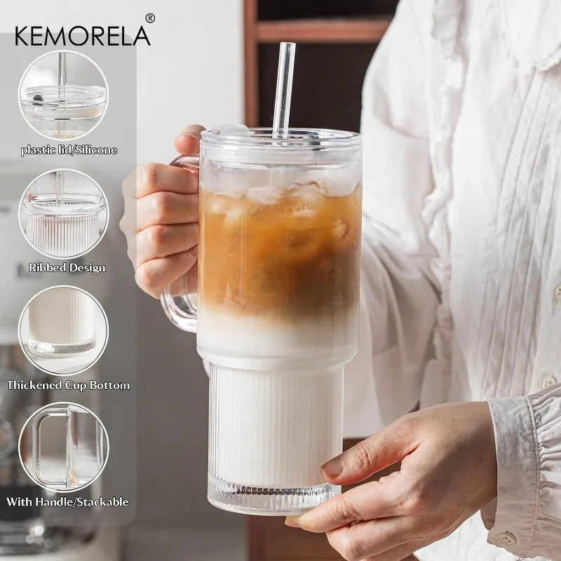750ML Glass Tumbler with Handle & Lid 1/2PCS Large Iced Coffee Cups with Straws Modern Glass Mug for Cold & Hot Beverages Juice