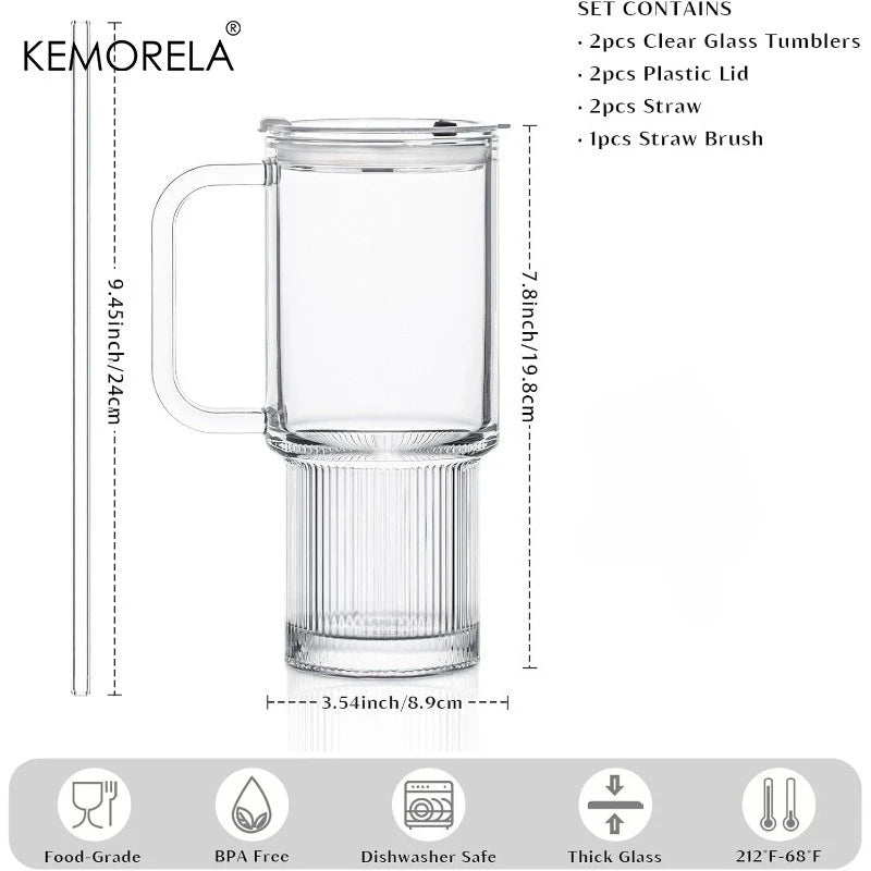 750ML Glass Tumbler with Handle & Lid 1/2PCS Large Iced Coffee Cups with Straws Modern Glass Mug for Cold & Hot Beverages Juice