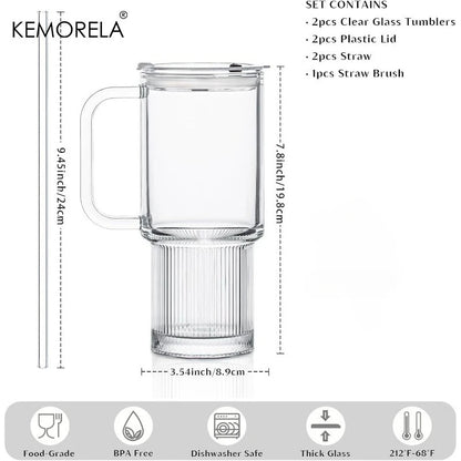 750ML Glass Tumbler with Handle & Lid 1/2PCS Large Iced Coffee Cups with Straws Modern Glass Mug for Cold & Hot Beverages Juice
