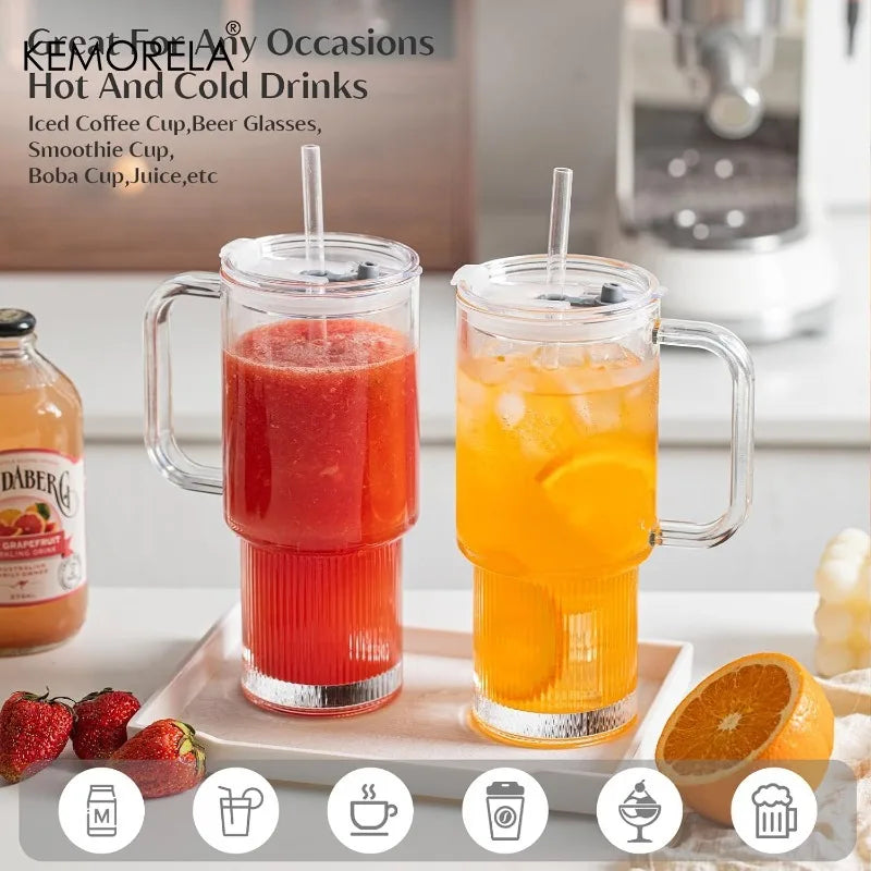 750ML Glass Tumbler with Handle & Lid 1/2PCS Large Iced Coffee Cups with Straws Modern Glass Mug for Cold & Hot Beverages Juice